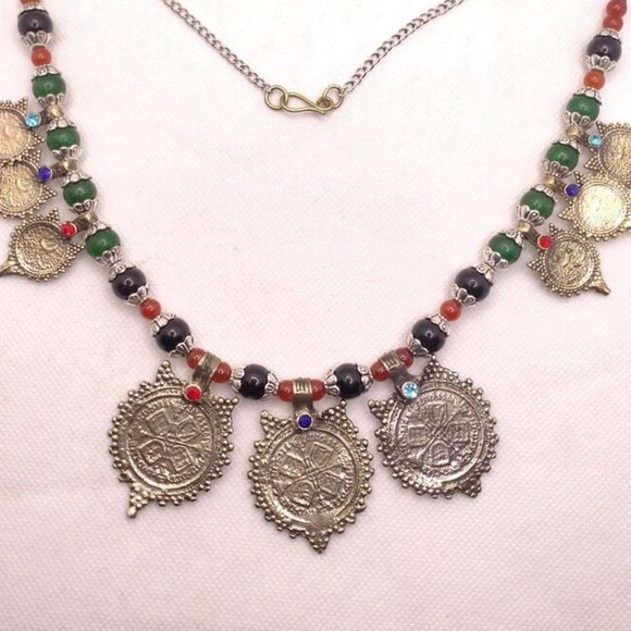 Vintage Coins With Beaded Chain Choker Necklace, Tribal Coins Choker Necklace, - Picture 5 of 6